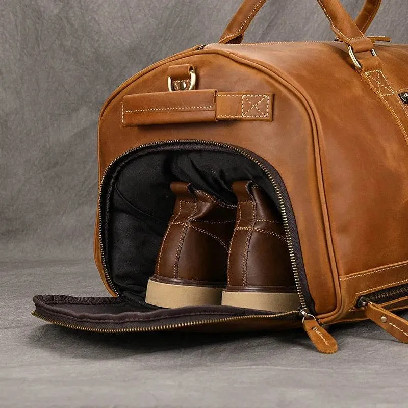 Custom Leather Travel Bag with Belt – Luxury Duffle with Shoe Pocket