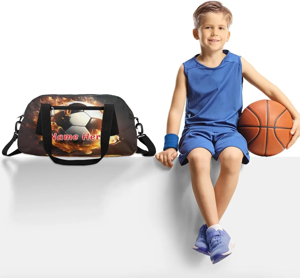 Custom Name Small Kids Overnighter Duffle Bag for Boys Girls Funny Fire Football Personalized Lightweight Gym Sports Duffle Bag Travel Weekender Tote Carry on Bag Customized Kids Gifts