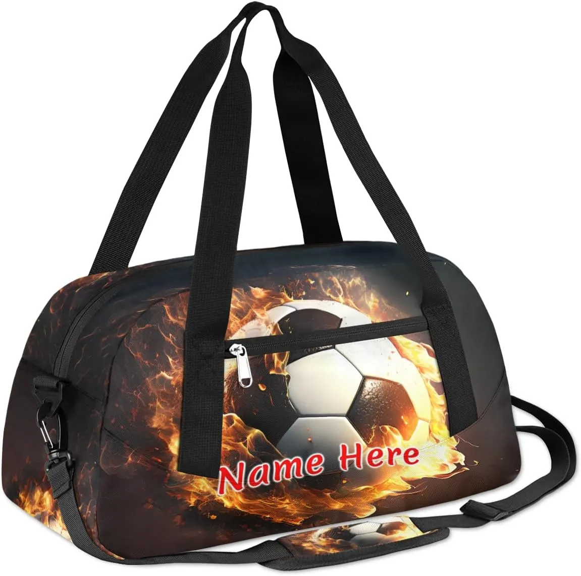 Custom Name Small Kids Overnighter Duffle Bag for Boys Girls Funny Fire Football Personalized Lightweight Gym Sports Duffle Bag Travel Weekender Tote Carry on Bag Customized Kids Gifts