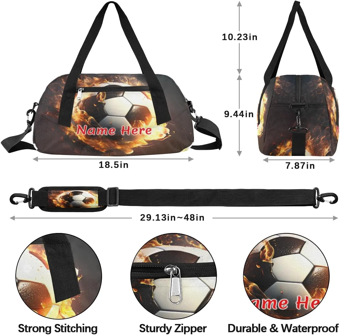 Custom Name Small Kids Overnighter Duffle Bag for Boys Girls Funny Fire Football Personalized Lightweight Gym Sports Duffle Bag Travel Weekender Tote Carry on Bag Customized Kids Gifts