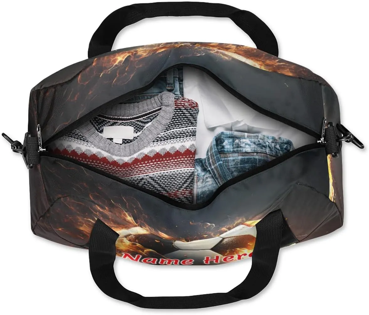 Custom Name Small Kids Overnighter Duffle Bag for Boys Girls Funny Fire Football Personalized Lightweight Gym Sports Duffle Bag Travel Weekender Tote Carry on Bag Customized Kids Gifts