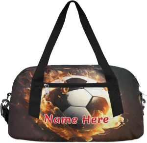 Custom Name Small Kids Overnighter Duffle Bag for Boys Girls Funny Fire Football Personalized Lightweight Gym Sports Duffle Bag Travel Weekender Tote Carry on Bag Customized Kids Gifts