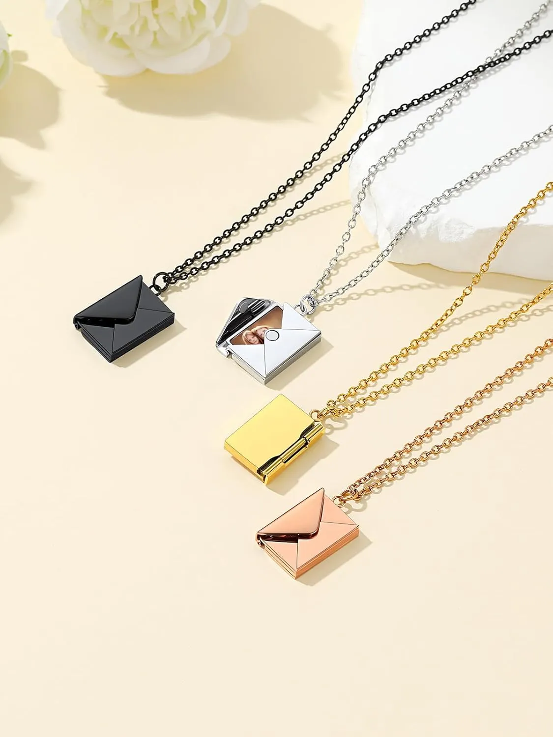 Custom4U Personalized Envelope Necklace with Picture Message Custom Love Letter Locket Necklace for Women Silver/Gold/Rose Gold/Black Birthday Mothers Day Photo Jewelry Gifts for Mom Wife (Gift Box)