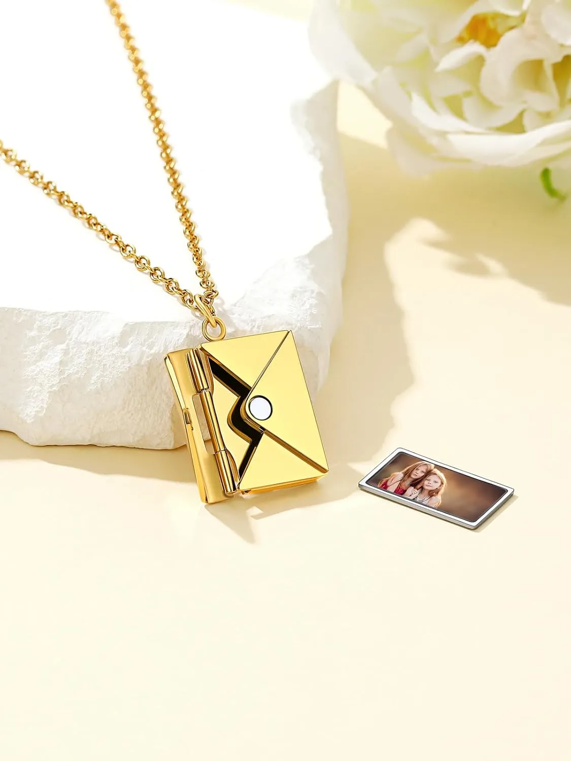 Custom4U Personalized Envelope Necklace with Picture Message Custom Love Letter Locket Necklace for Women Silver/Gold/Rose Gold/Black Birthday Mothers Day Photo Jewelry Gifts for Mom Wife (Gift Box)