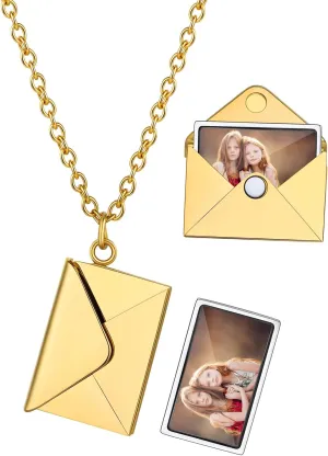 Custom4U Personalized Envelope Necklace with Picture Message Custom Love Letter Locket Necklace for Women Silver/Gold/Rose Gold/Black Birthday Mothers Day Photo Jewelry Gifts for Mom Wife (Gift Box)