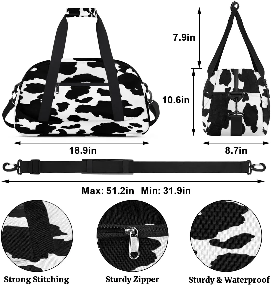 Cute Animal Kids Duffle Bags for Boys Girls, Cow Print Skin Sport Gym Bag Waterproof Travel Overnight Weekender Bag Teen Dance Gymnastics Sleepover Bag