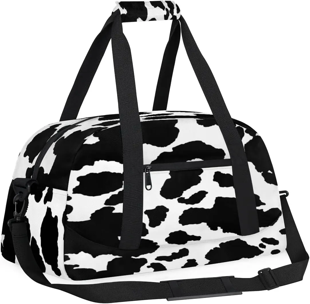 Cute Animal Kids Duffle Bags for Boys Girls, Cow Print Skin Sport Gym Bag Waterproof Travel Overnight Weekender Bag Teen Dance Gymnastics Sleepover Bag