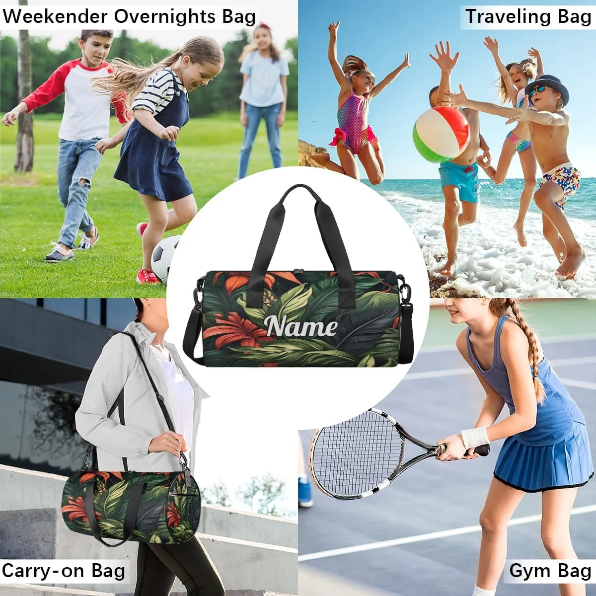 Cute Dance Bag Sport Duffel Gymnastics Sport Bags Custom Ballet Bag Overnight Weekender Bag Waterproof Pattern, Tropical Flowers Leaf