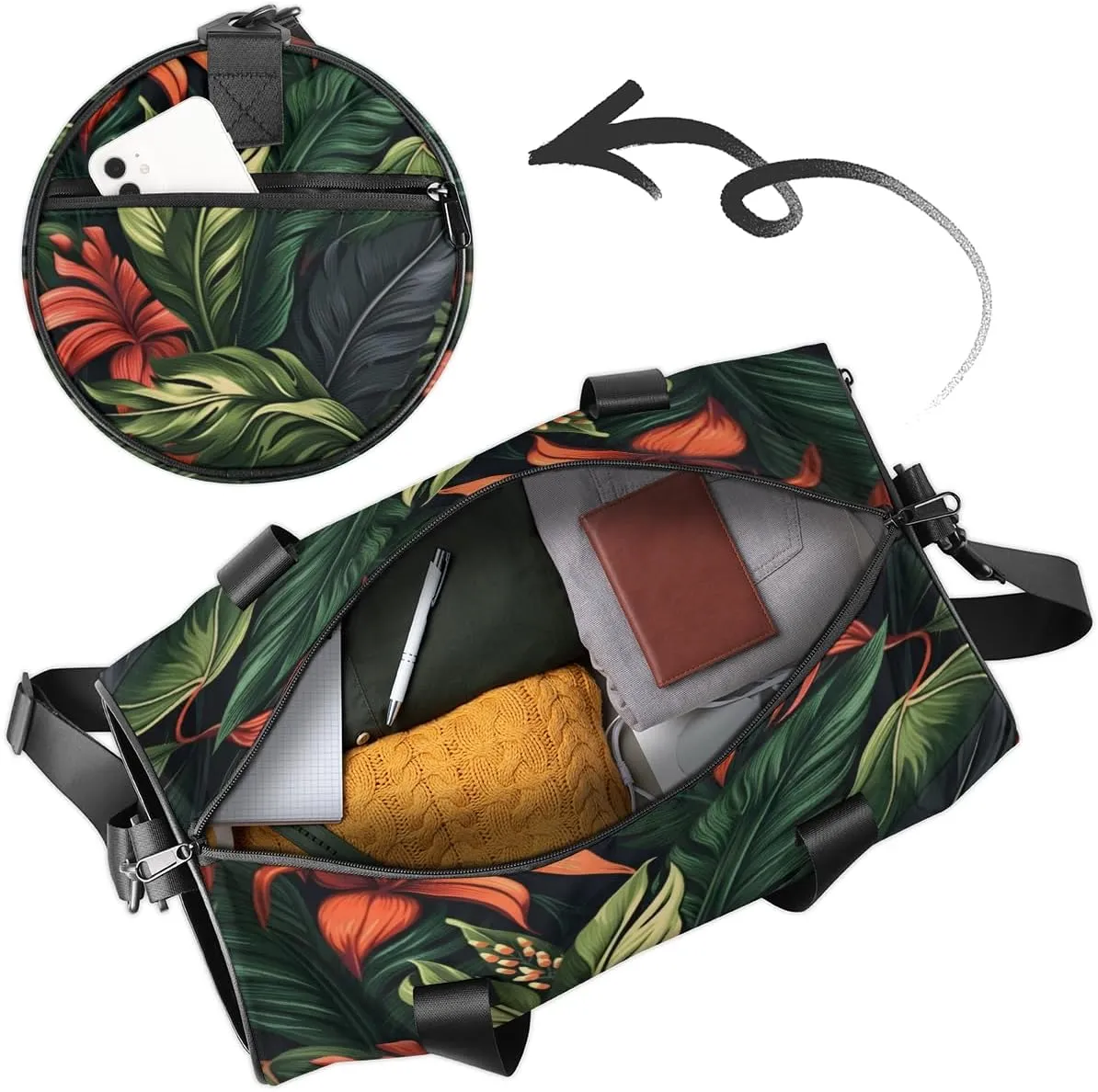 Cute Dance Bag Sport Duffel Gymnastics Sport Bags Custom Ballet Bag Overnight Weekender Bag Waterproof Pattern, Tropical Flowers Leaf