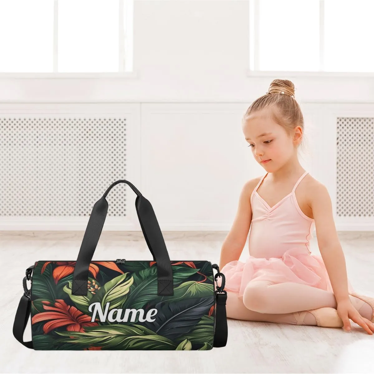 Cute Dance Bag Sport Duffel Gymnastics Sport Bags Custom Ballet Bag Overnight Weekender Bag Waterproof Pattern, Tropical Flowers Leaf