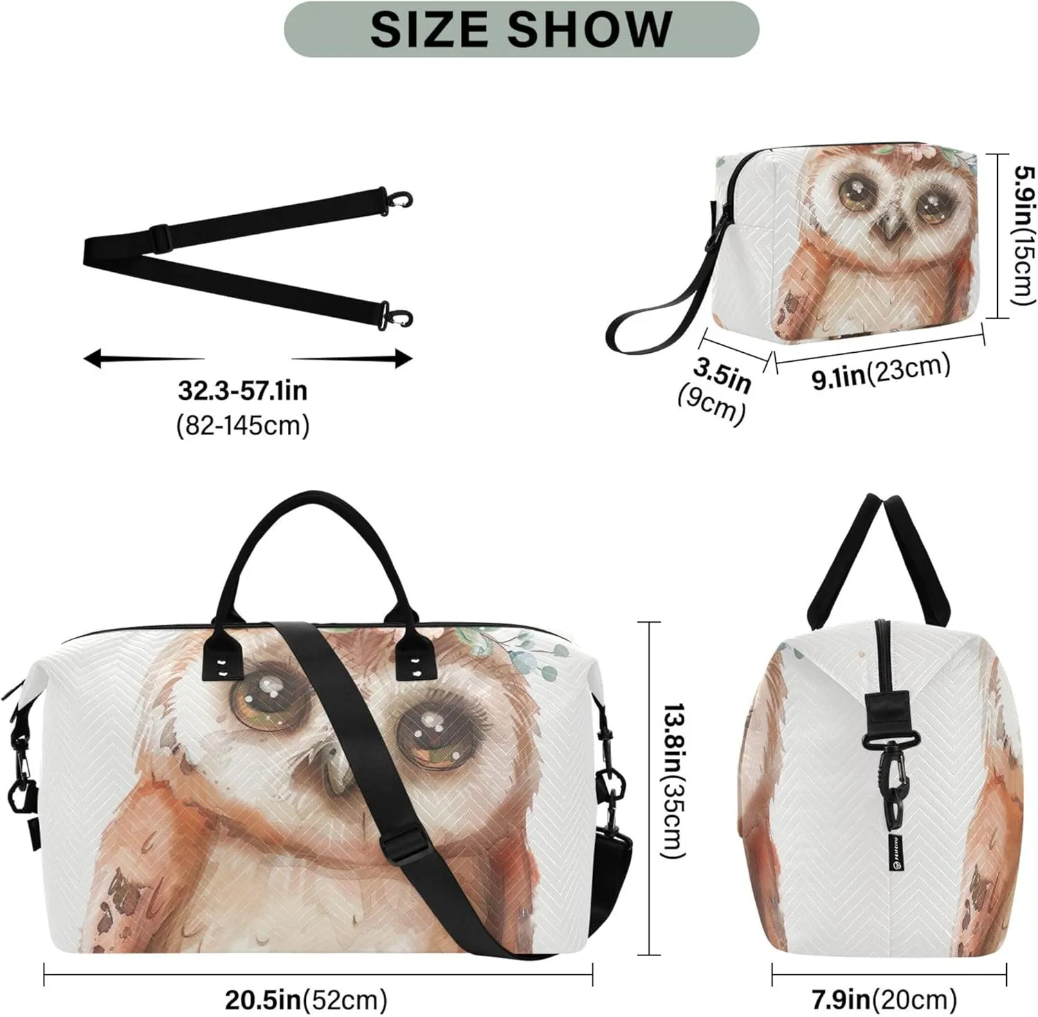 Cute Owl Painting Duffel Bags for Traveling Makeup Bag Set of 2, Art Womens Gym Bags Tote Weekend Bag Duffel