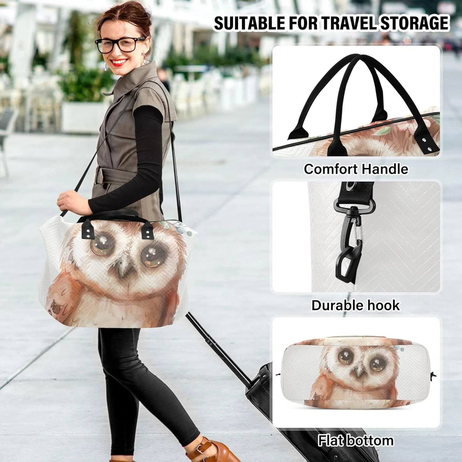 Cute Owl Painting Duffel Bags for Traveling Makeup Bag Set of 2, Art Womens Gym Bags Tote Weekend Bag Duffel
