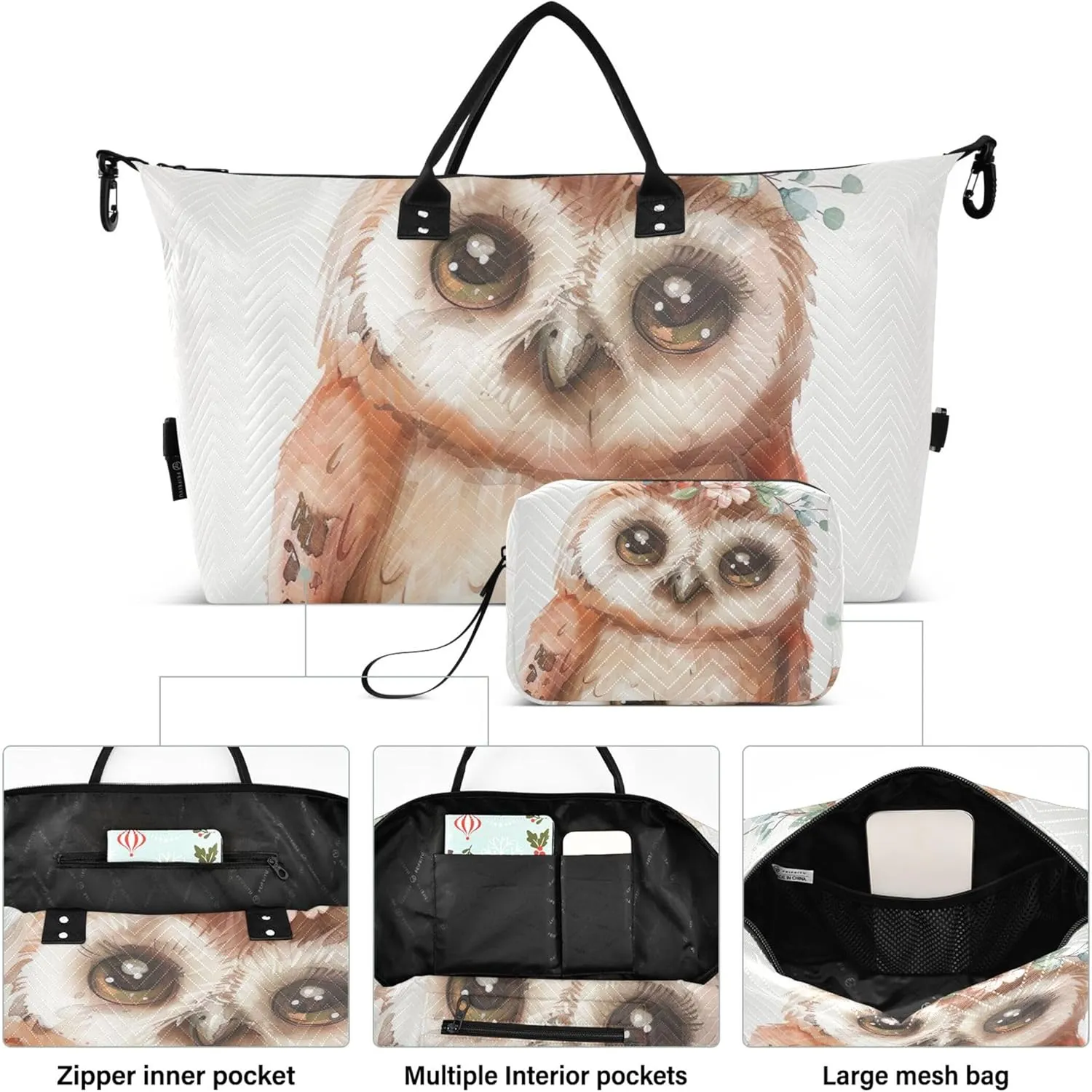 Cute Owl Painting Duffel Bags for Traveling Makeup Bag Set of 2, Art Womens Gym Bags Tote Weekend Bag Duffel