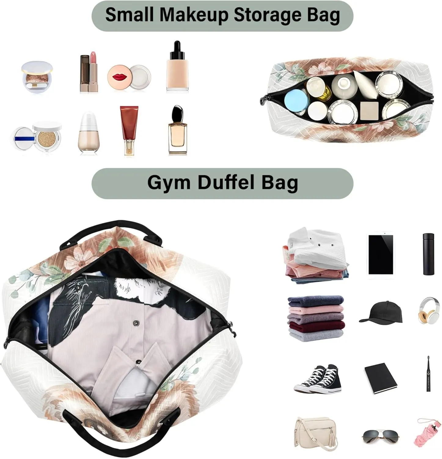 Cute Owl Painting Duffel Bags for Traveling Makeup Bag Set of 2, Art Womens Gym Bags Tote Weekend Bag Duffel