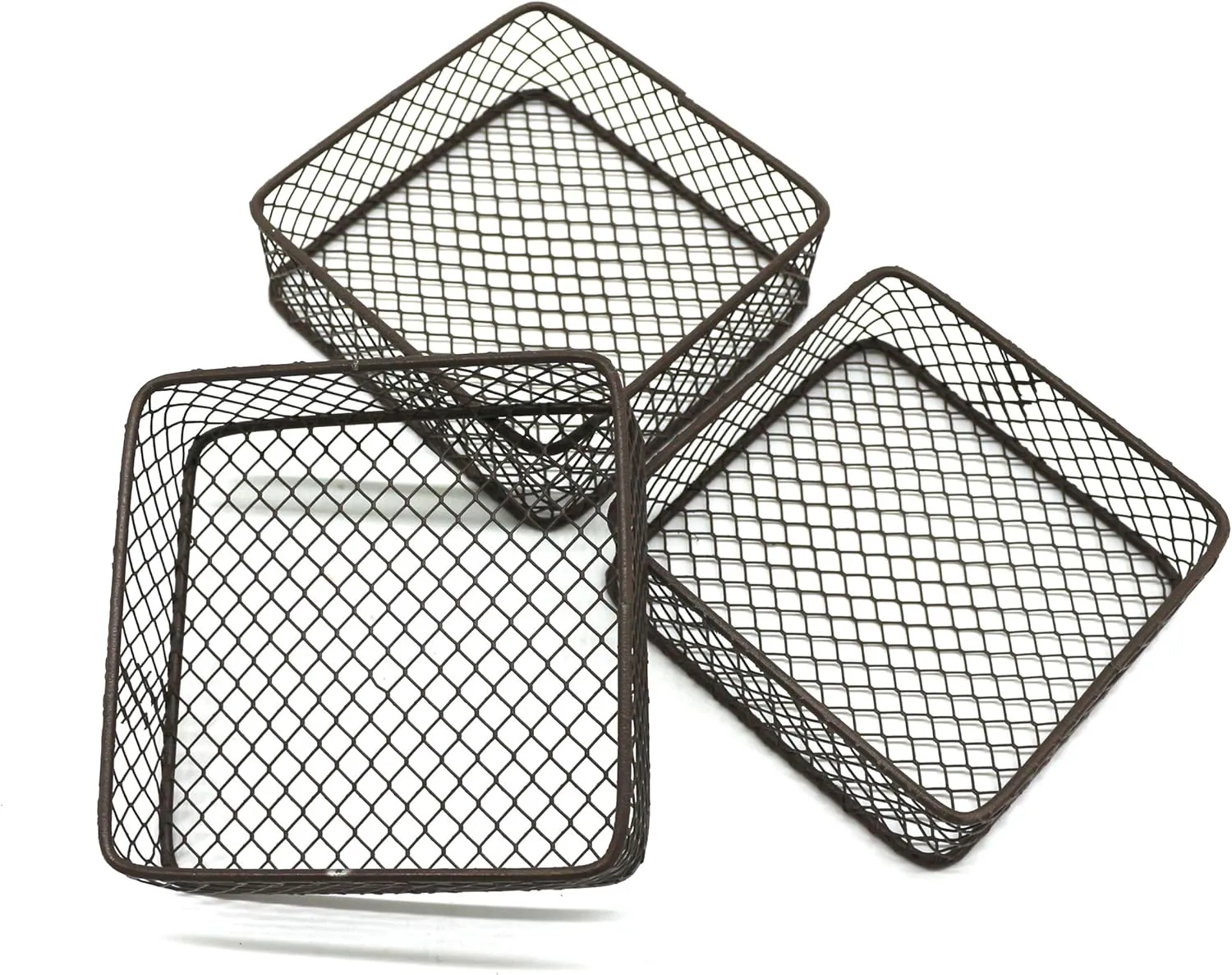 CVHOMEDECO. Mini Metal Wire Storage Baskets Desks & shelves Organizer Trinkets Container, Great for Store Spices, Gifts or Giving. Set of 3. (Square Rusty)