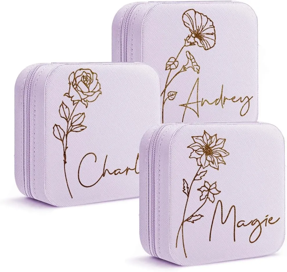 DayOfShe Mom Gifts Travel Jewelry Box with Birth Flower and Name Personalized Small Jewelry Case for Mother Birthday Gifts Bridesmaid Gifts