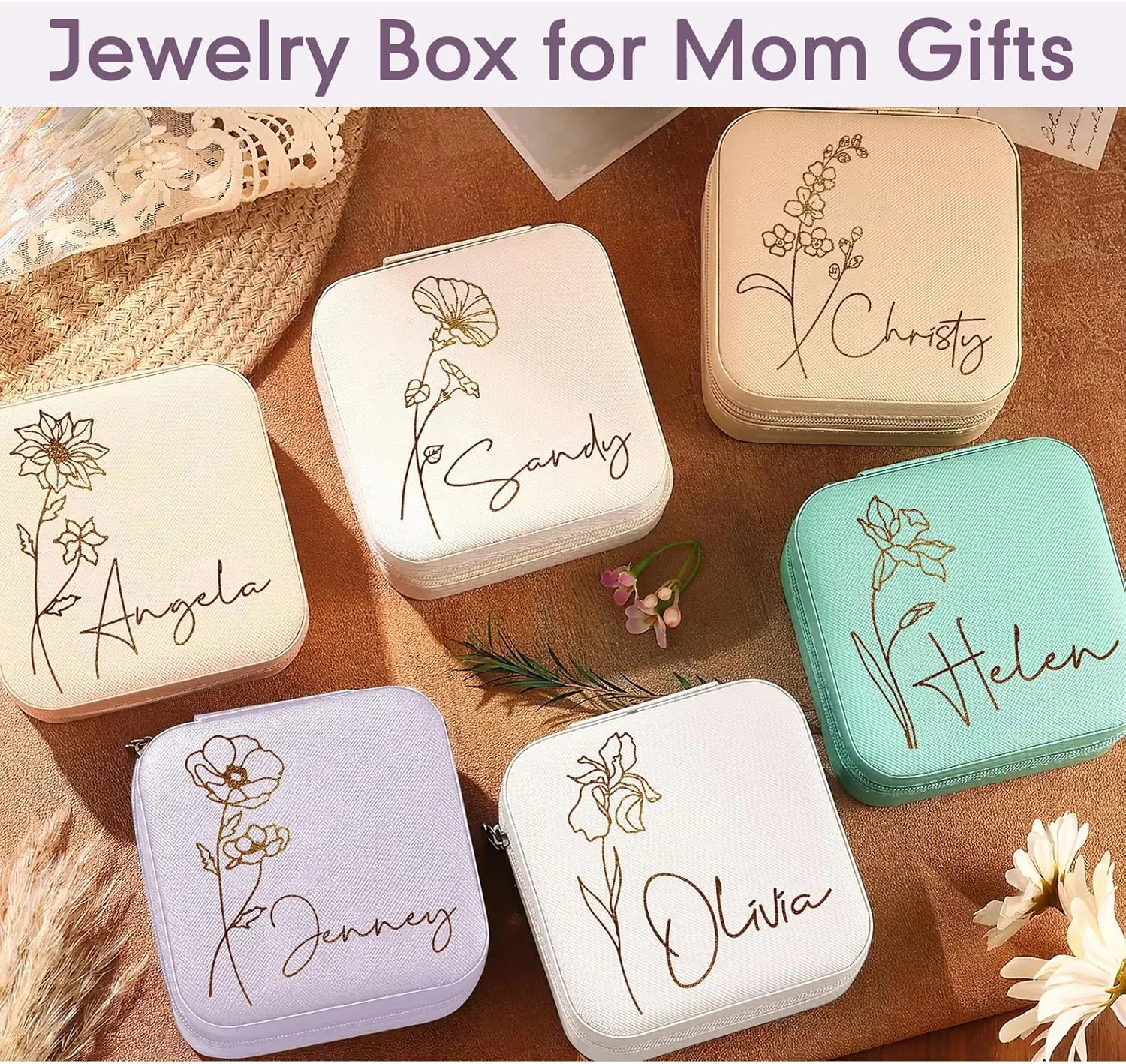 DayOfShe Mom Gifts Travel Jewelry Box with Birth Flower and Name Personalized Small Jewelry Case for Mother Birthday Gifts Bridesmaid Gifts
