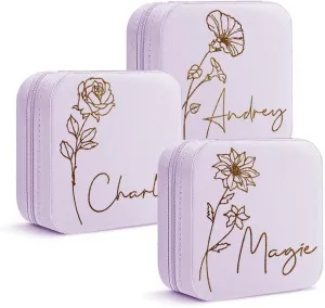 DayOfShe Mom Gifts Travel Jewelry Box with Birth Flower and Name Personalized Small Jewelry Case for Mother Birthday Gifts Bridesmaid Gifts