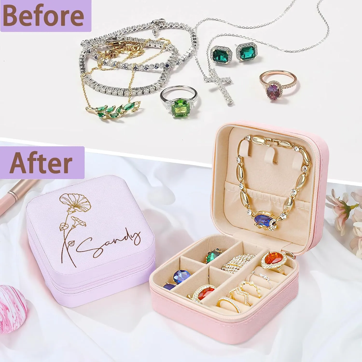 DayOfShe Mom Gifts Travel Jewelry Box with Birth Flower and Name Personalized Small Jewelry Case for Mother Birthday Gifts Bridesmaid Gifts