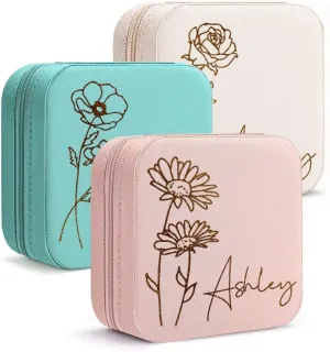 DayOfShe Personalized Travel Jewelry Box with Name and Birth Flower for Women Gifts Custom Small Travel Jewelry Case as Bridesmaid Proposal Gifts, Personalized Gifts for Women