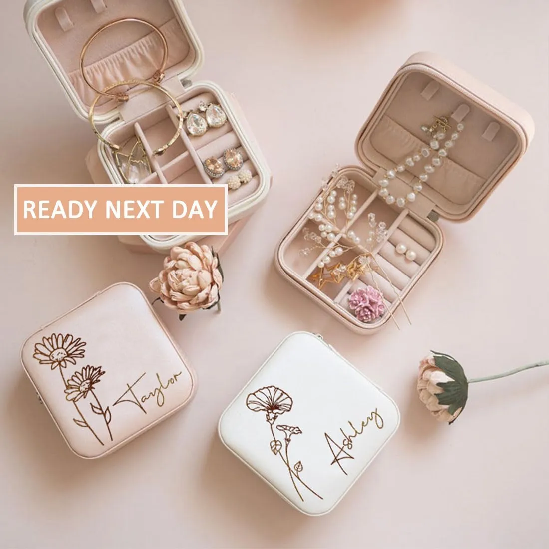 DayOfShe Personalized Travel Jewelry Box with Name and Birth Flower for Women Gifts Custom Small Travel Jewelry Case as Bridesmaid Proposal Gifts, Personalized Gifts for Women