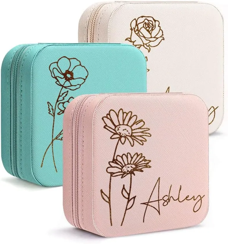 DayOfShe Personalized Travel Jewelry Box with Name and Birth Flower for Women Gifts Custom Small Travel Jewelry Case as Bridesmaid Proposal Gifts, Personalized Gifts for Women