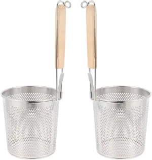DECHOUS 2pcs Stainless Steel Mesh Strainer with Wood Handle Stackable Noodle Frying Basket for Cooking Draining for Spaghetti Dumplings and Hot Pot