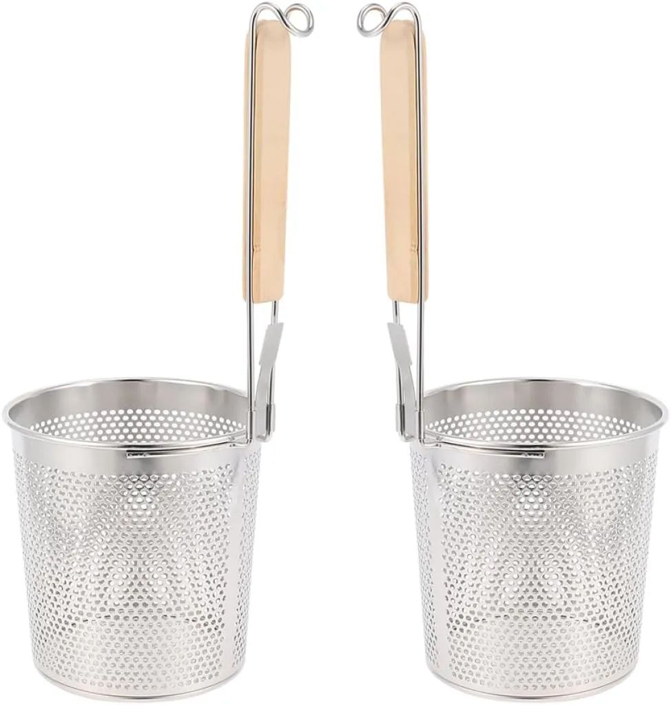 DECHOUS 2pcs Stainless Steel Mesh Strainer with Wood Handle Stackable Noodle Frying Basket for Cooking Draining for Spaghetti Dumplings and Hot Pot