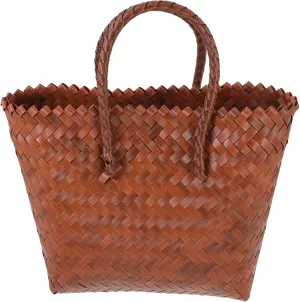 DECHOUS Hand Woven Tote Bag with Handle Vintage Style Beach Basket for Picnic Storage and Outdoor Use Rustic Chic Woven Handbag for Fruits Flowers and