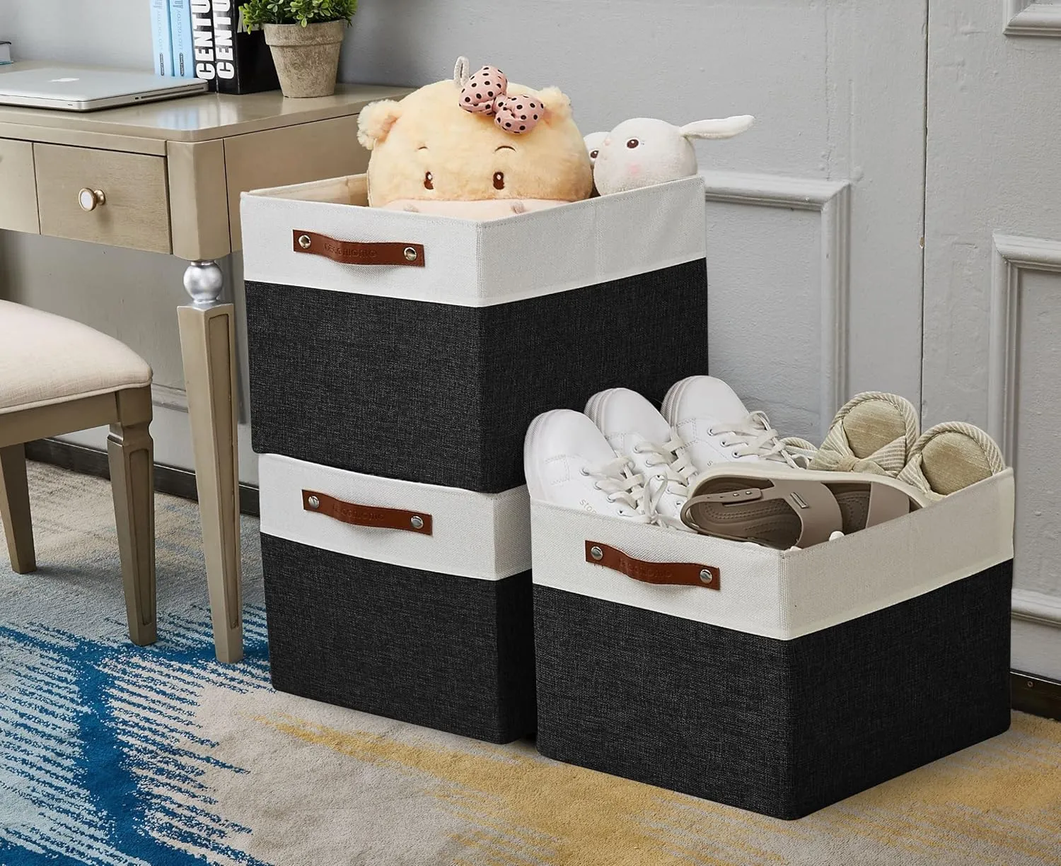 DECOMOMO Kallax Storage Cubes -13x15x13 Storage Bins, Baskets for Organizing Shelves (Black and White, 4-Pack)