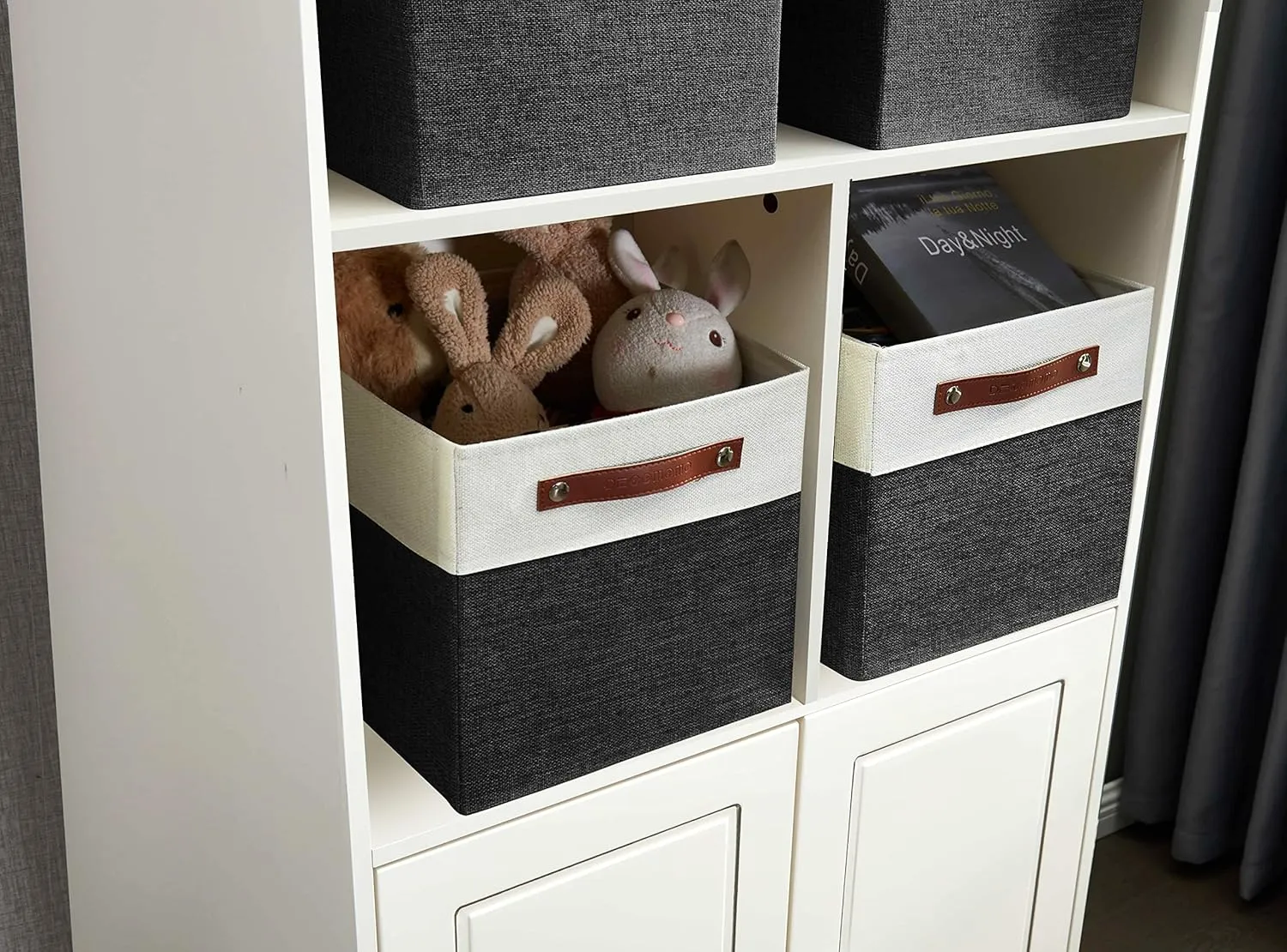 DECOMOMO Kallax Storage Cubes -13x15x13 Storage Bins, Baskets for Organizing Shelves (Black and White, 4-Pack)