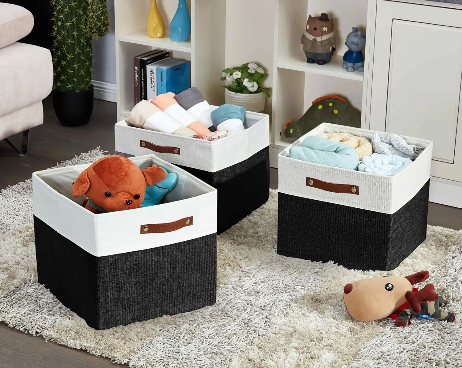 DECOMOMO Kallax Storage Cubes -13x15x13 Storage Bins, Baskets for Organizing Shelves (Black and White, 4-Pack)