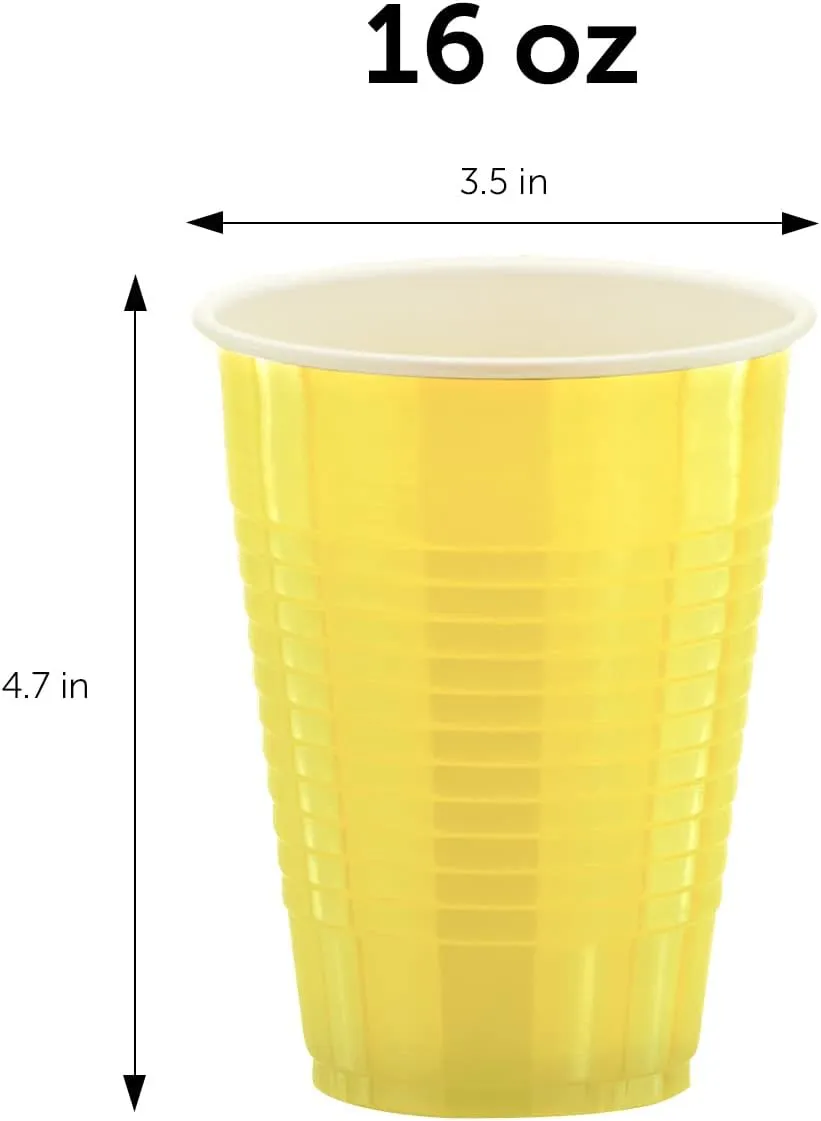 DecorRack 80 Count Yellow Party Cups, 16 oz BPA Free Plastic Cups, Perfect for Birthday, Picnic, Indoor and Outdoor Event, Stackable, Reusable, Disposable Round Beverage Drinking Cups (80 Pack)