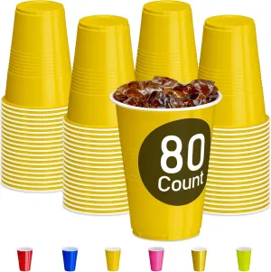 DecorRack 80 Count Yellow Party Cups, 16 oz BPA Free Plastic Cups, Perfect for Birthday, Picnic, Indoor and Outdoor Event, Stackable, Reusable, Disposable Round Beverage Drinking Cups (80 Pack)