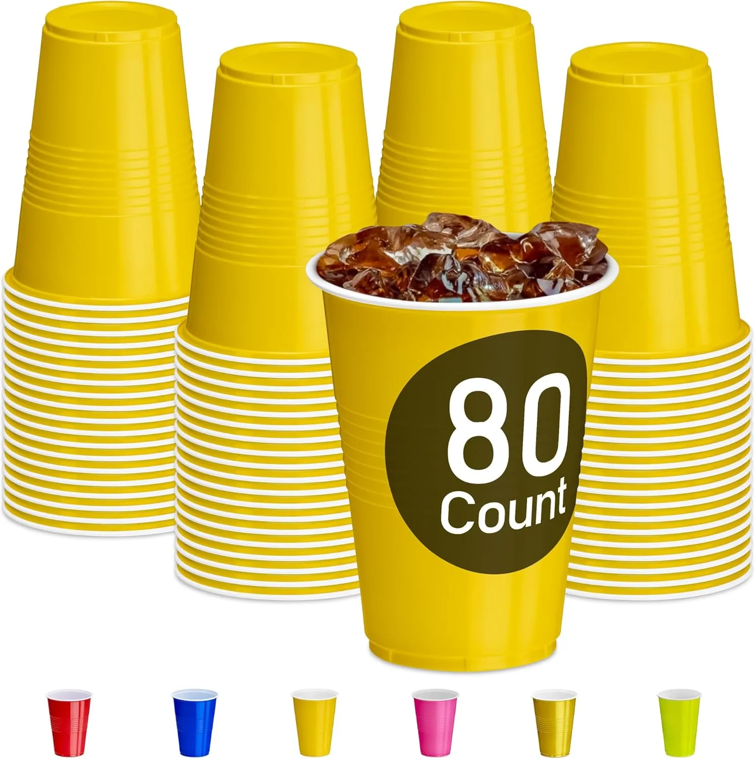 DecorRack 80 Count Yellow Party Cups, 16 oz BPA Free Plastic Cups, Perfect for Birthday, Picnic, Indoor and Outdoor Event, Stackable, Reusable, Disposable Round Beverage Drinking Cups (80 Pack)