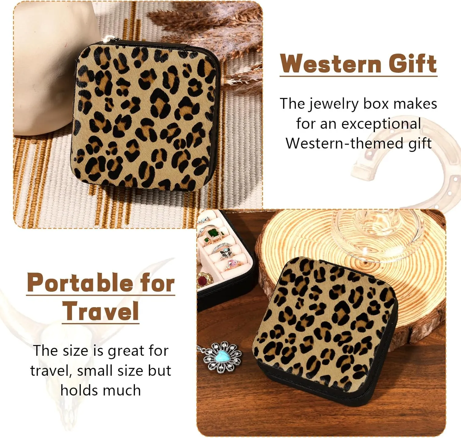 DEEKA Western Jewelry Box Case Real Leather Leopard Print Cowhide Tooled Travel Jewelry Organizer Gifts Christmas Gifts for Women Country Girls Cowgirl Stuff Portable Travel Accessories -Brown Leopard