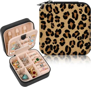 DEEKA Western Jewelry Box Case Real Leather Leopard Print Cowhide Tooled Travel Jewelry Organizer Gifts Christmas Gifts for Women Country Girls Cowgirl Stuff Portable Travel Accessories -Brown Leopard