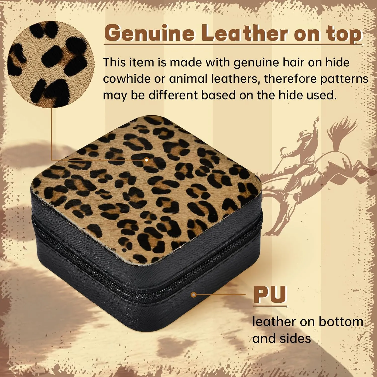 DEEKA Western Jewelry Box Case Real Leather Leopard Print Cowhide Tooled Travel Jewelry Organizer Gifts Christmas Gifts for Women Country Girls Cowgirl Stuff Portable Travel Accessories -Brown Leopard