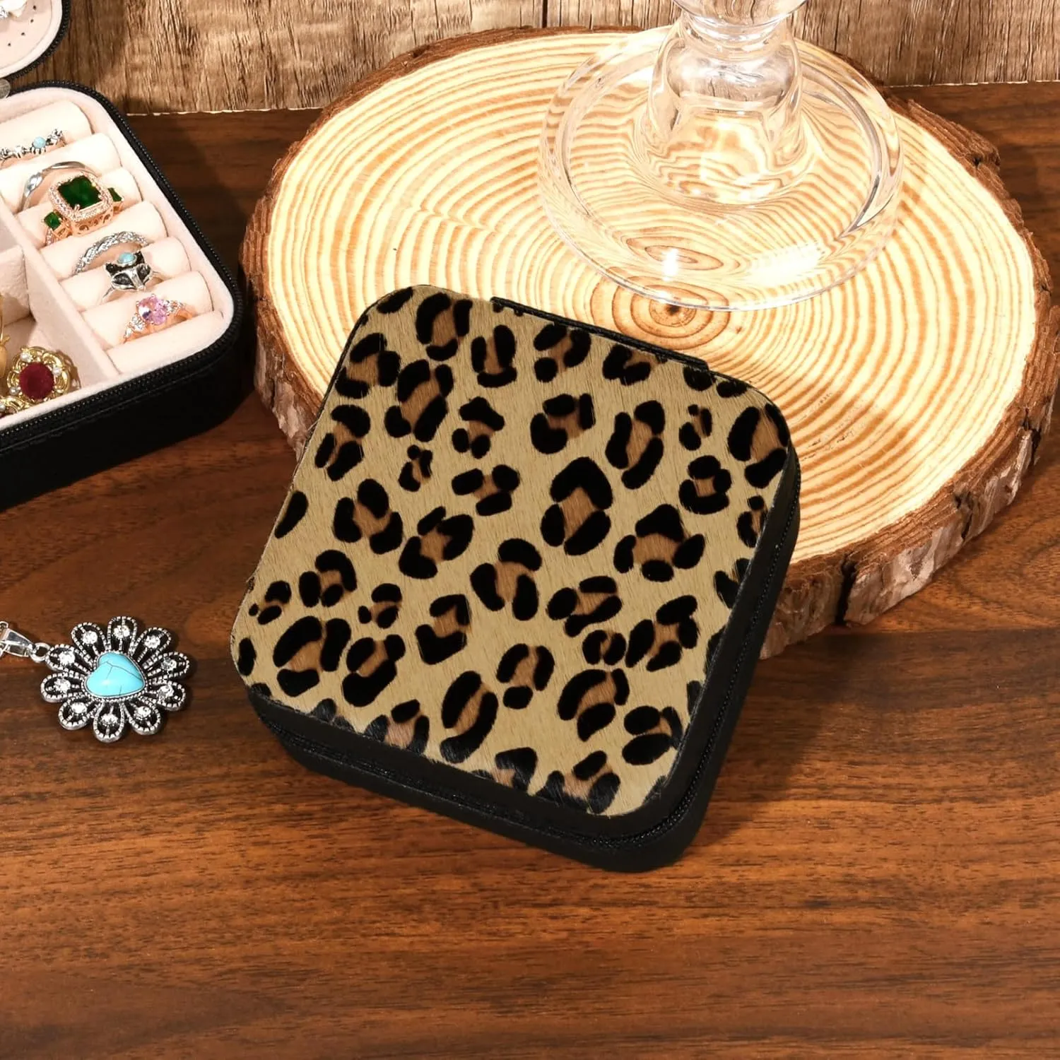 DEEKA Western Jewelry Box Case Real Leather Leopard Print Cowhide Tooled Travel Jewelry Organizer Gifts Christmas Gifts for Women Country Girls Cowgirl Stuff Portable Travel Accessories -Brown Leopard
