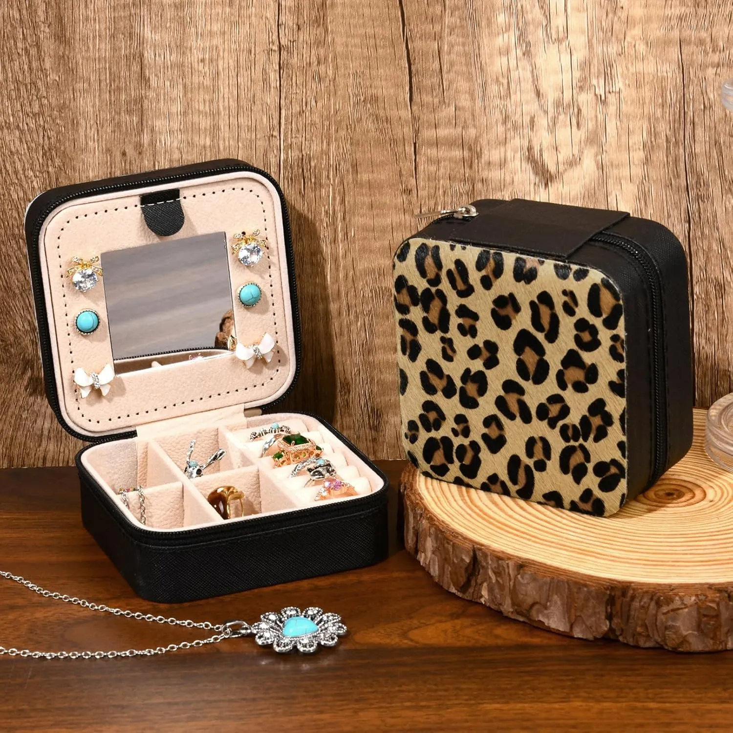 DEEKA Western Jewelry Box Case Real Leather Leopard Print Cowhide Tooled Travel Jewelry Organizer Gifts Christmas Gifts for Women Country Girls Cowgirl Stuff Portable Travel Accessories -Brown Leopard