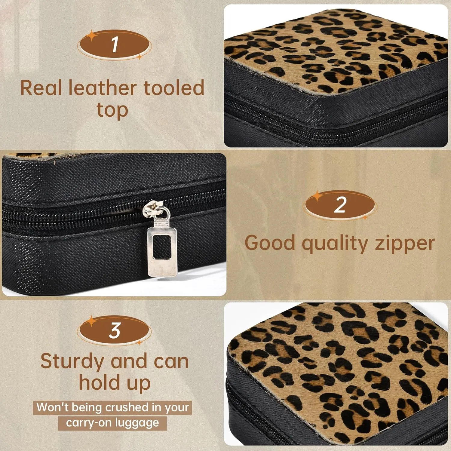 DEEKA Western Jewelry Box Case Real Leather Leopard Print Cowhide Tooled Travel Jewelry Organizer Gifts Christmas Gifts for Women Country Girls Cowgirl Stuff Portable Travel Accessories -Brown Leopard