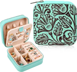DEEKA Western Jewelry Box Case Real Leather Turquoise and Brown Embossed Tooled Travel Jewelry Organizer Gifts Christmas Gifts for Women Country Girls Cowgirl Stuff Portable Travel Accessories -Green
