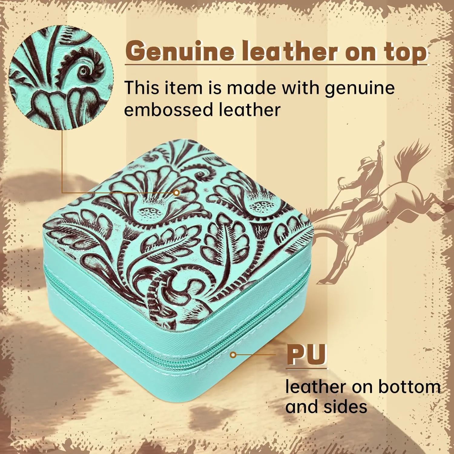 DEEKA Western Jewelry Box Case Real Leather Turquoise and Brown Embossed Tooled Travel Jewelry Organizer Gifts Christmas Gifts for Women Country Girls Cowgirl Stuff Portable Travel Accessories -Green