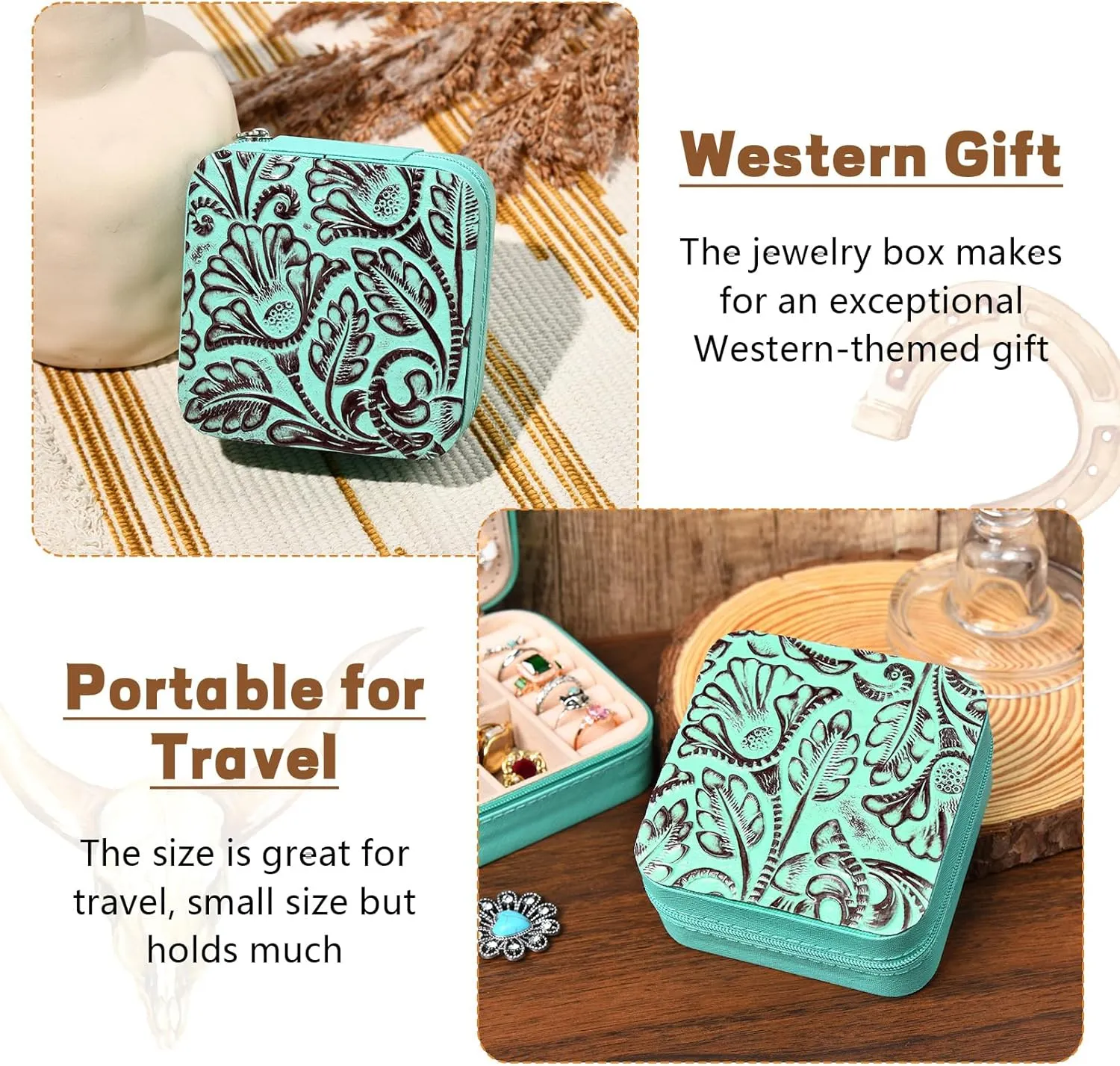 DEEKA Western Jewelry Box Case Real Leather Turquoise and Brown Embossed Tooled Travel Jewelry Organizer Gifts Christmas Gifts for Women Country Girls Cowgirl Stuff Portable Travel Accessories -Green