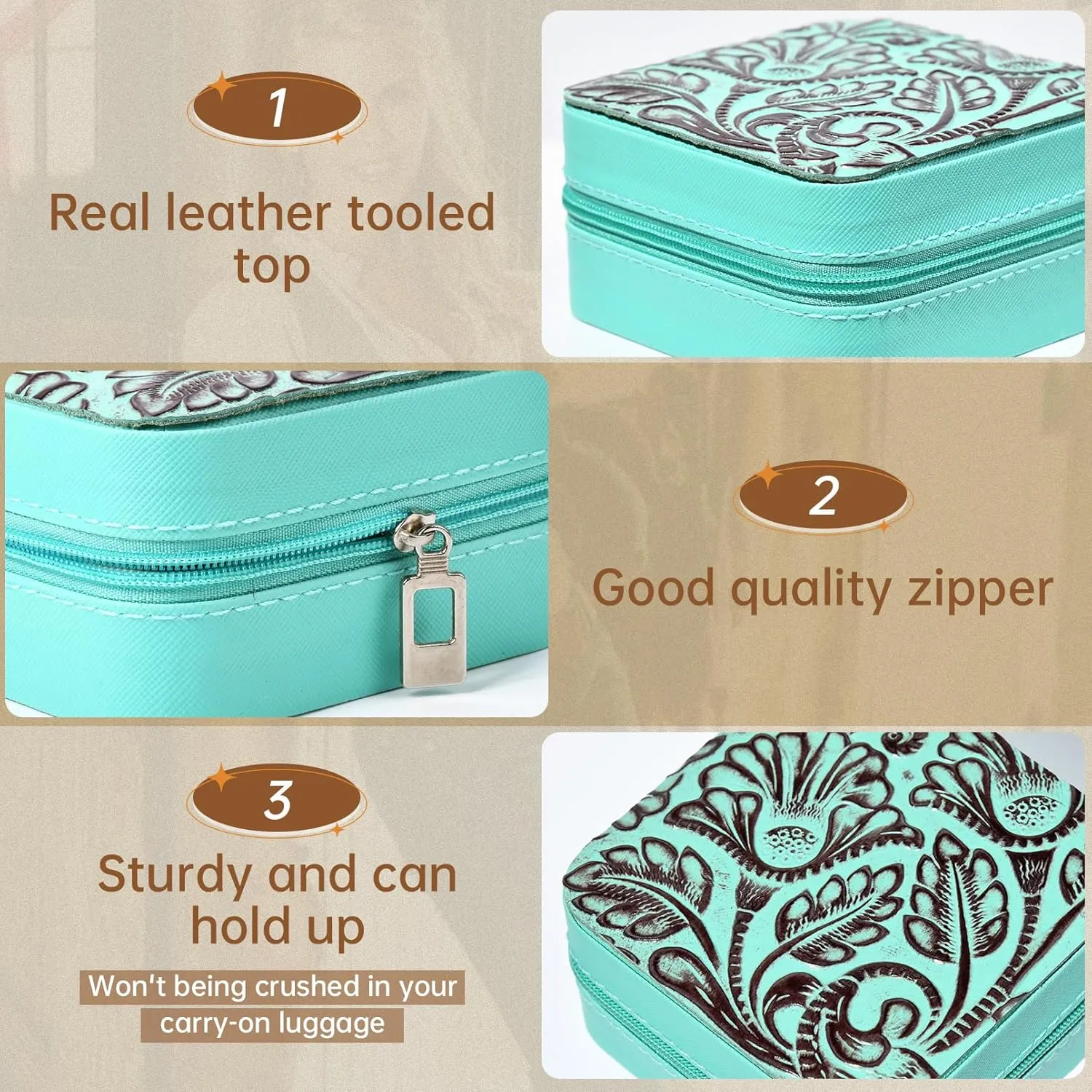DEEKA Western Jewelry Box Case Real Leather Turquoise and Brown Embossed Tooled Travel Jewelry Organizer Gifts Christmas Gifts for Women Country Girls Cowgirl Stuff Portable Travel Accessories -Green
