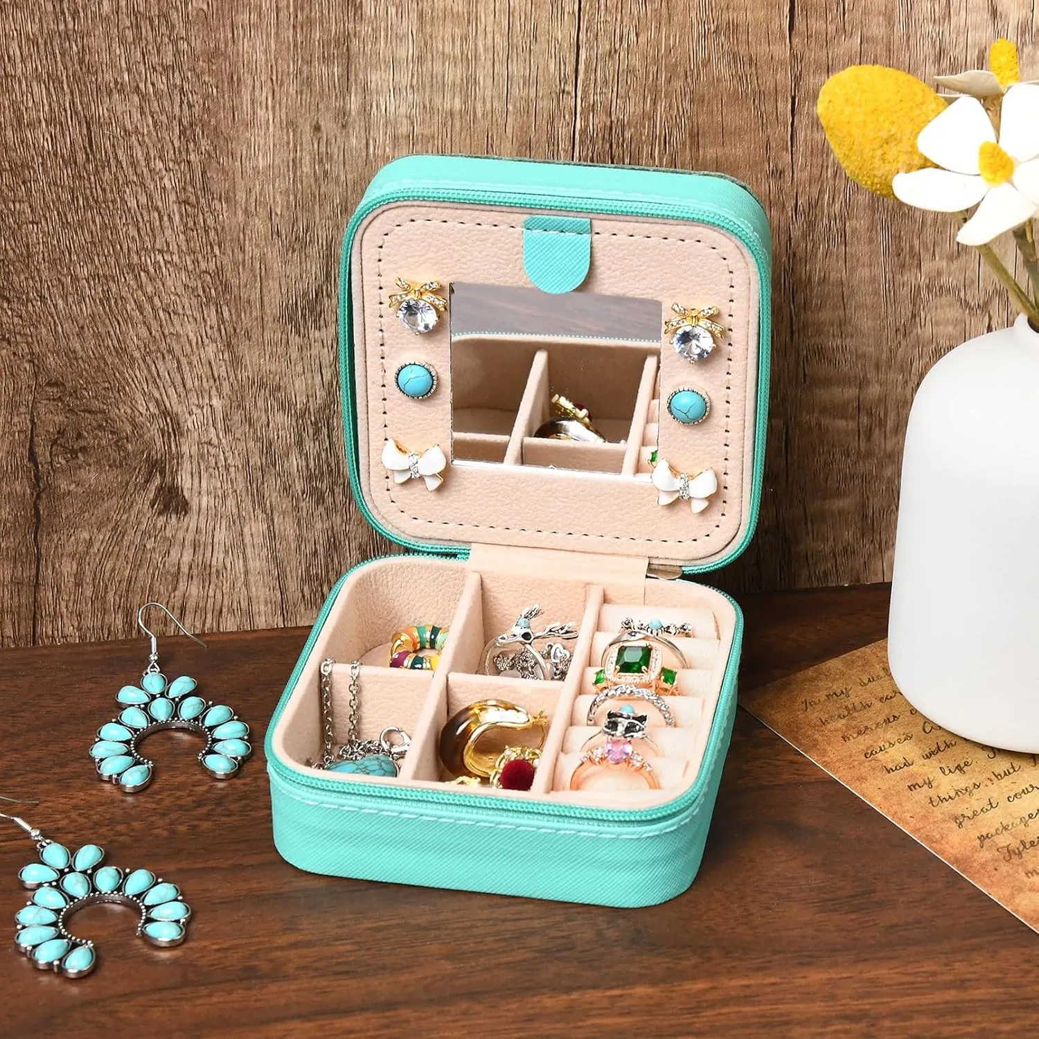 DEEKA Western Jewelry Box Case Real Leather Turquoise and Brown Embossed Tooled Travel Jewelry Organizer Gifts Christmas Gifts for Women Country Girls Cowgirl Stuff Portable Travel Accessories -Green