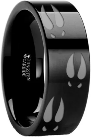 DEER TRACK Animal Track Deer Hoof Print Flat Black Tungsten Ring 12mm Wide Wedding Band