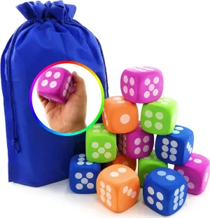 Deluxe Large 2.25" EVA Foam Dice (Pack of 12) with Bonus Matty's Toy Stop Storage Bag