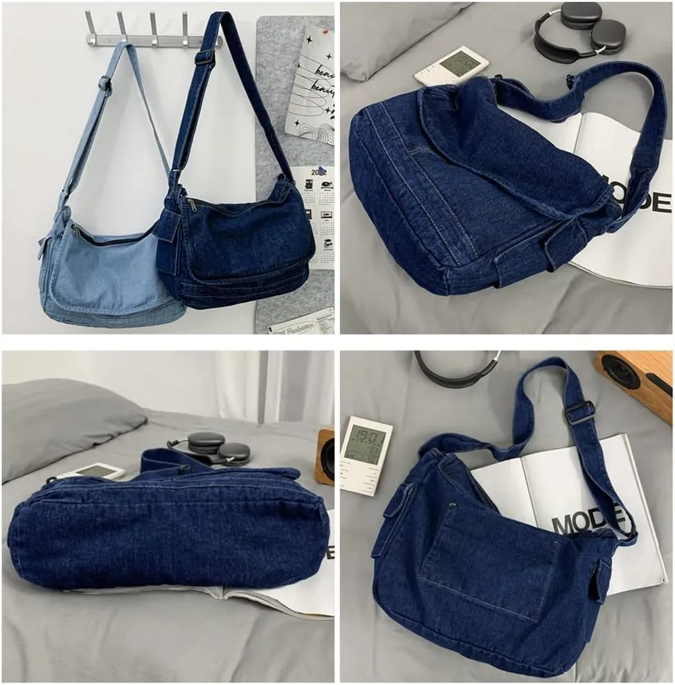 Denim Messenger Bag Travel Bags Overnight Shoulder Bag for Women Large Size Multi Pocket Hobo Crossbody Bag