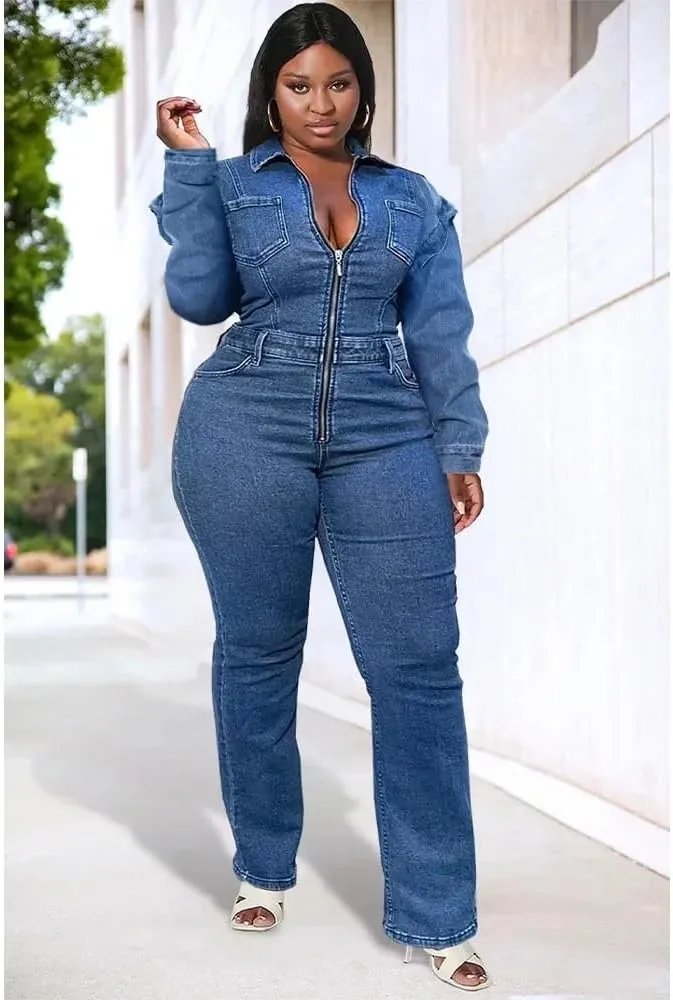 Denim Women' Jumpsuit Long Sleeve Size Collar Pants Rompers Street One Sets